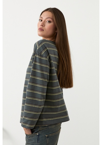 Grımelange Basıl Kadını Oversize %100 Organik Pamuk Örme Uzun Kol Yeşil- Çizgili T-shirt