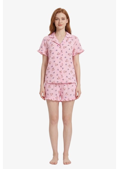 Cottonhill Pudra Ayıcık Desenli Bürümcük Gömlek Yaka Kadın Şortlu Pijama Takımı