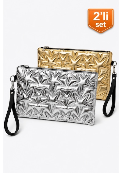 Adelina Bags 2'li Çanta Paketi Yıldız Desenli Portföy El Çantası Bilek Askılı Clutch Çanta Gri