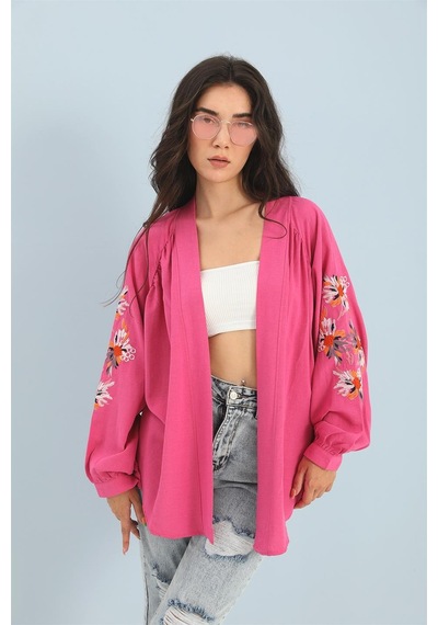 Wpr Kimono Reglan Kol Nakışlı Keten - Fuşya-fuşya Fuşya
