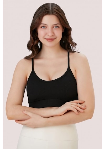 Aurafit Fitilli U Yaka İp Askılı Basic Büstiyer/croptop - 9027 Siyah