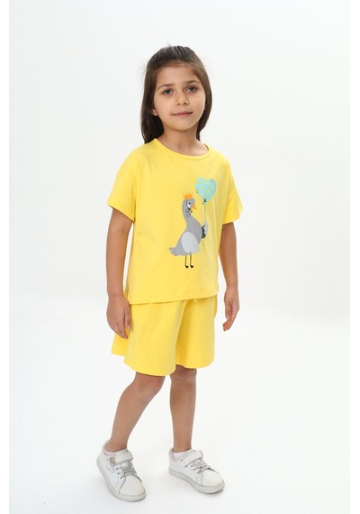 Toontoy Kids Toontoy Kız Çocuk Ördek Baskılı Şortlu Takım Koyu Sarı