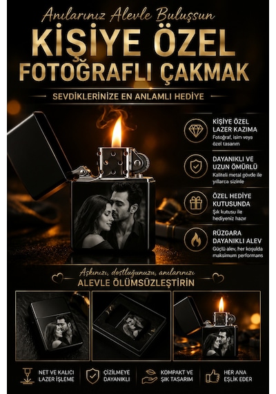 Kişiye Özel Fotoğraflı Çakmak Lazer İşleme Siyah