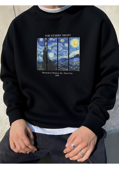 Uyguntarz Unisex The Starry Night Baskılı Oversize Sweatshirt siyah