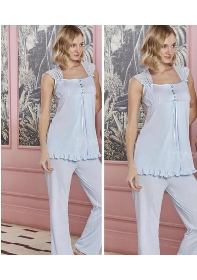 Bone Club 4708 Mavi Yeni Sezon Omuz Dantel Lohusa Pijama Takım
