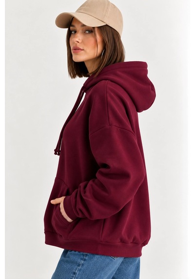 Mevese Taş İşlemeli Kanat Detaylı Kapüşonlu Rahat Kesim Kanguru Cepli Kadın Sweatshirt - Mürdüm Mevese Taş İşlemeli Kanat Detaylı Kapüşonlu Rahat Kesim Kanguru Cepli Kadın Sweatshirt - Mürdüm