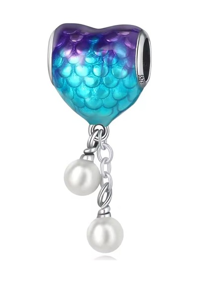 İnci Sallantılı Balık Pulu Deseni Kalp Charm Gümüş