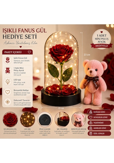 Led Işıklı Mika Fanus Solmayan Yapay Kırmızı Gül & 1 Mini Peluş Ayıcık Sevgiliye Romantik Hediye Set