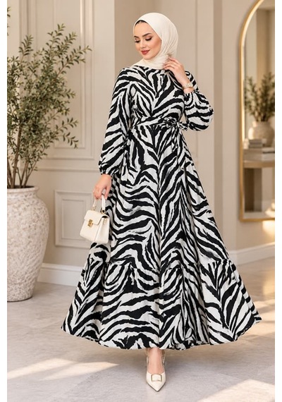Maşuka Monako Kumaş Desenli Kuşaklı Şık Ve Rahat Tesettür Elbise - Uzun Kol Maxi Boy Kadın Elbise Zebra-desen Zebra-desen Maşuka Monako Kumaş Desenli Kuşaklı Şık Ve Rahat Tesettür Elbise - Uzun Kol Maxi Boy Kadın Elbise Zebra-desen Zebra-desen