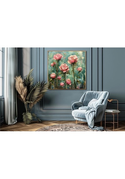 Yağlı Boya Dokulu Tablo Modern Pembe Güller Altın Çerçeveli U02058-178911