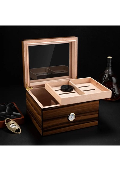 Cigarloong Camlı Puro Kutusu Humidor Ceviz 70's