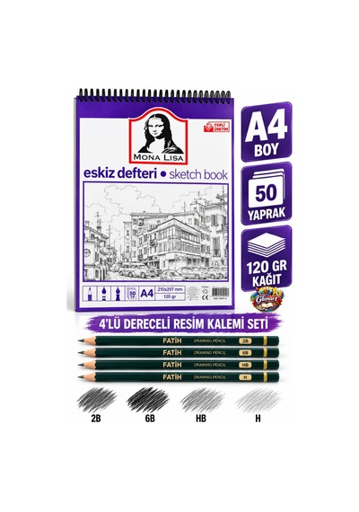 A5 Boy Spiralli 50 Yaprak Eskiz Defteri Çizim Seti Dereceli Resim Kalemli Set 1 Adet 14,8x21 Cm