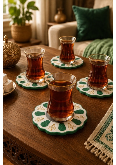 Geleneksel Türk Çay Tabağı Motifli 4 Lü Bardak Altlığı Seti Standlı - Dekoratif Bardak Altlığı - Yeşil Set Diğer