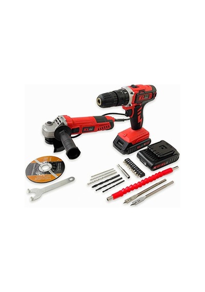 Klpro KLEco KETM1875 18V/1.5 AH Çift Akülü Darbeli Matkap + 750W Avuç Taşlama + 23 Parça Aksesuar Set