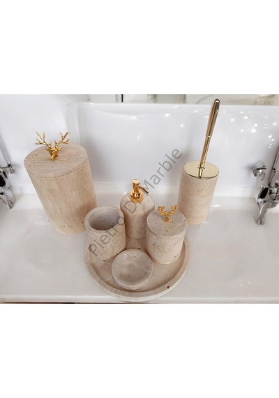 Sarı Traverten Klasik Model 7 Parça Gold Renk Geyik Aksesuarlı Banyo Seti Sarı Traverten