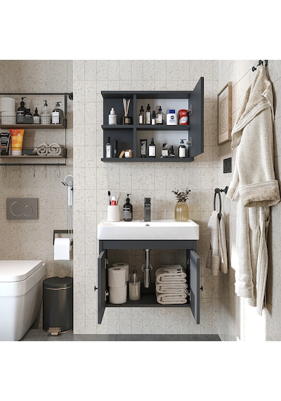 Lavabolu Mat Suntalam 60 Cm Banyo Dolabı, Aynalı Üst Dlp Antrasit Lavabolu Mat Suntalam 60 Cm Banyo Dolabı, Aynalı Üst Dlp Antrasit
