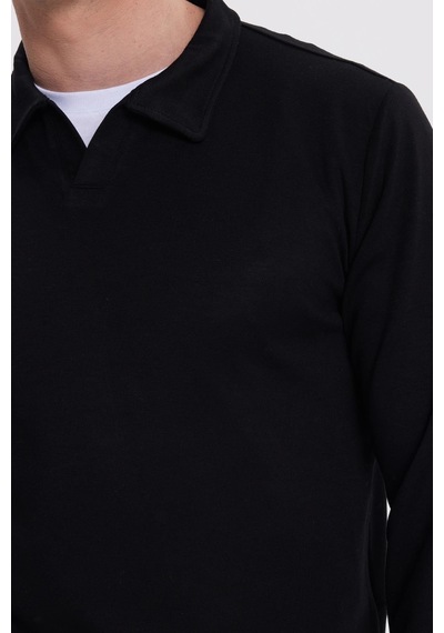 Tudors Erkek Relax Fit Rahat Kesim Polo V Yaka Siyah Sweatshirt-41922 Siyah