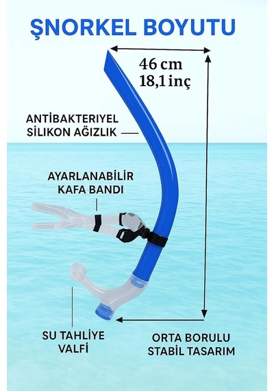 Orta Borulu Yüzme Antrenman Şnorkeli, Silikon Ağızlık, Ayarlanabilir Kafa Bandı, Su Tahliye Valfi, 46 Cm Mavi