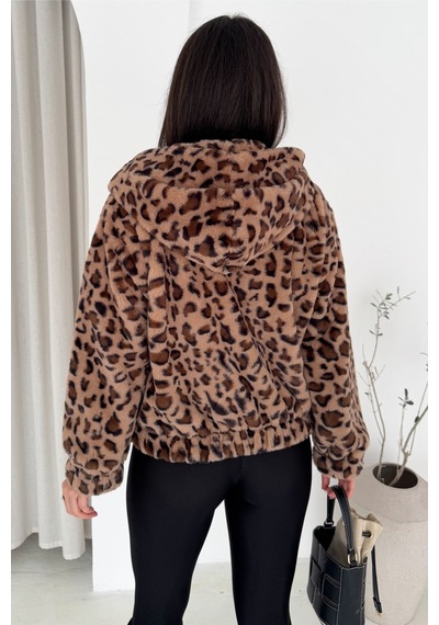 Femelle Leopar Fermuarlı Kapüşonlu İçi Astarlı Peluş Kürk Mont Çok Renkli