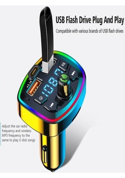 Araç Bluetooth 5.0 Fm Transmitter Cihazı Araba Müzik Mp3 Çalar Sd Kart Okur Oto Çakmaklık Şarj Aleti