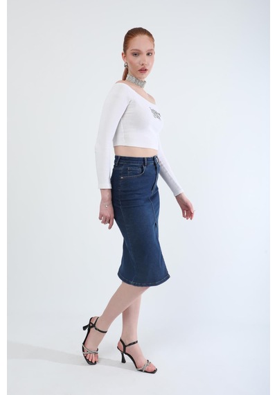 Banny Jeans Önden Yırtmaçlı Likralı Midi Jean Etek Koyu Mavi Xs