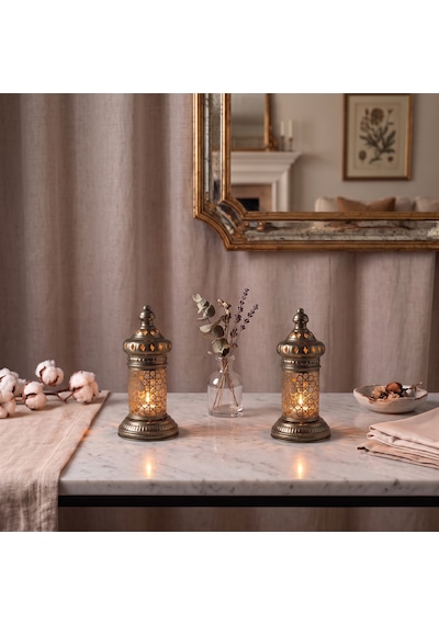 Beyaz Geometrik Metal Fener Selçuklu Yıldızı Çay Feneği Tutucu Minimalist Fas Mum Dekorasyonu Haki