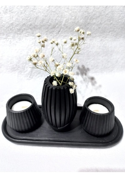 İskandinav Vazolu Tabaklı Tealight Mumluk Set Siyah Siyah