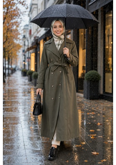 Hb Harma Time Butik Kadın Çift Düğmeli Kuşaklı Astarlı Bondit Haki Trençkot Haki Haki