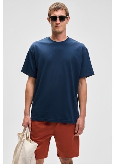 Grımelange FEON Erkek Oversize Geniş Kesim %100 Organik Pamuk Kalın Dokulu Yuvarlak Yaka Lacivert T-Shirt