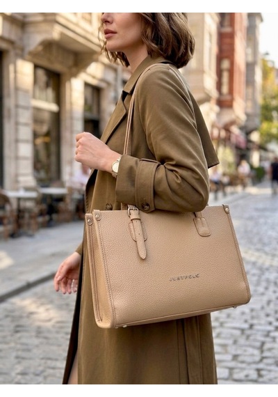 Just Polo Kadın Yeni Sezon Yumuşak Deri Büyük Boy Fermuarlı Lüks Tasarım El Çantası Shopper Vizon 18639853