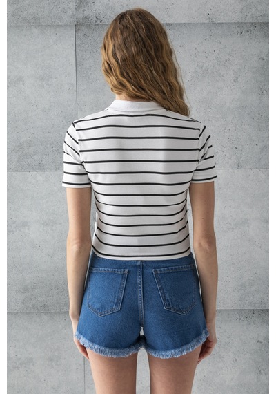 Giysa Kadın Polo Yaka Çizgili Pamuklu T-shirt Beyaz Siyah - 25795 Beyaz - Siyah