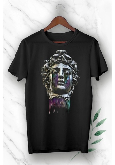 Mitoloji Medusa Baskılı Siyah Unısex Tişört Siyah