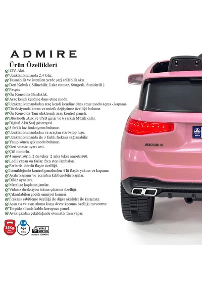 Akülü Kumandalı Araba Admıre Pembe 4x2 Deri Koltuk Ve Bluetooth