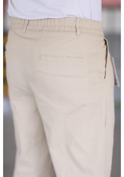 Bürke Çift Pileli Bej Renk Beli Yarım Lastikli Kaliteli Rahat Kesim Keten Baggy Pantolon