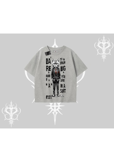 Tarzsokak Dream Big Yazılı Takım Elbiseli Kedi Baskılı Oversize Tshirt Gri Tarzsokak Dream Big Yazılı Takım Elbiseli Kedi Baskılı Oversize Tshirt Gri