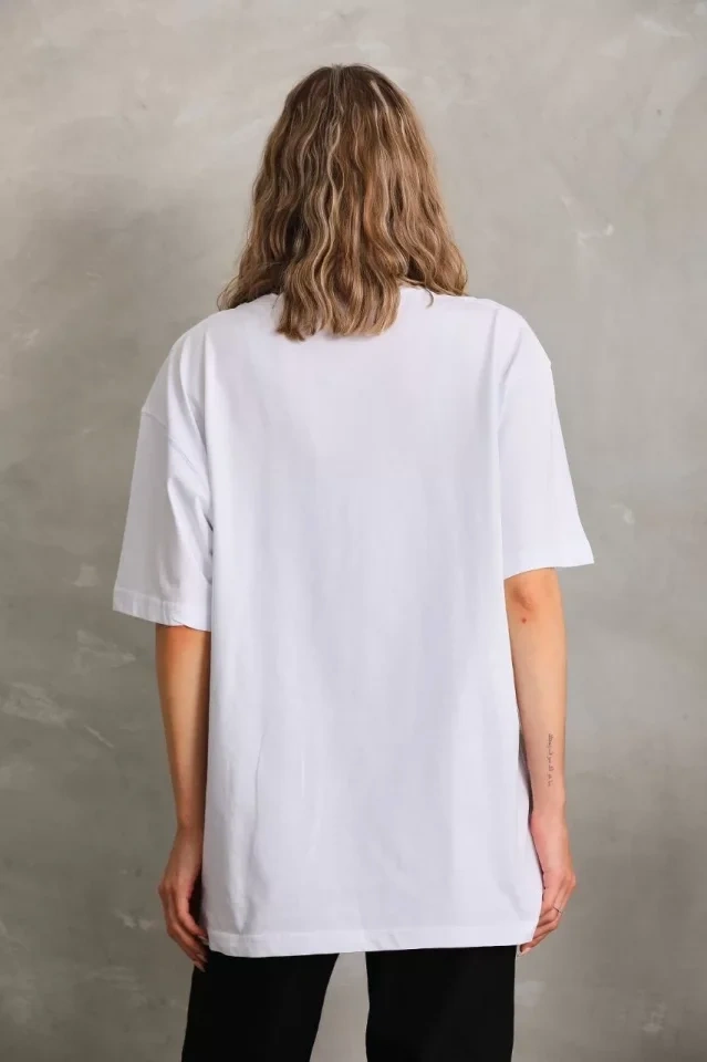 Amorluxe Unisex Bisiklet Yaka 20/1 Düz Oversize T-shirt - Beyaz