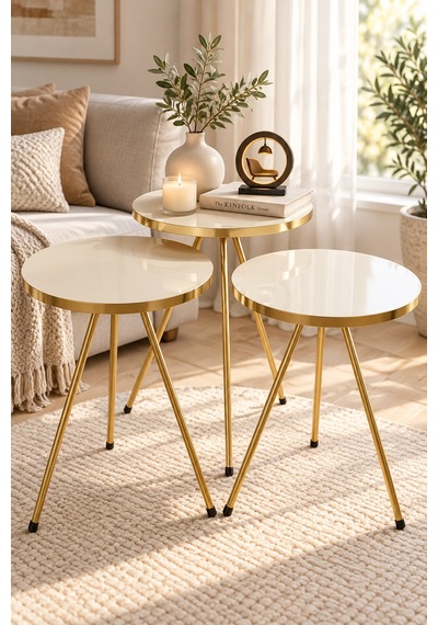 Odera Gold Krem Yuvarlak Zigon Sehpa 3'lü Set Metal Ayaklı Modern Salon Sehpası Diğer