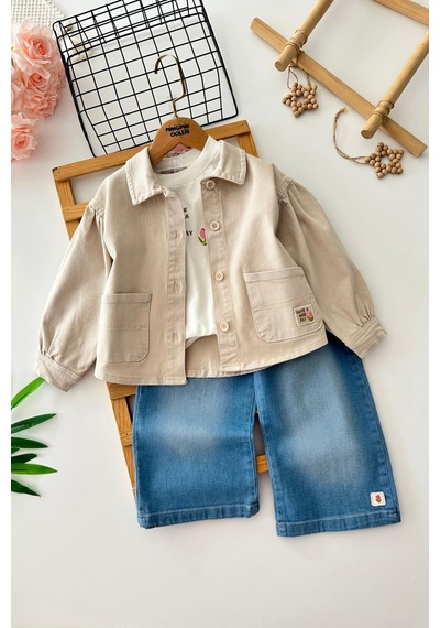 Miniğimin Cicileri Elegance Gül Nakışlı Ceketli Denim Pantolonlu Kız Çocuk 3 Lü Kombin - Bej