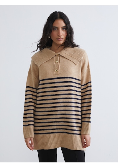 Lcw Modest Bej Polo Yaka Çizgili Kadın Triko Kazak
