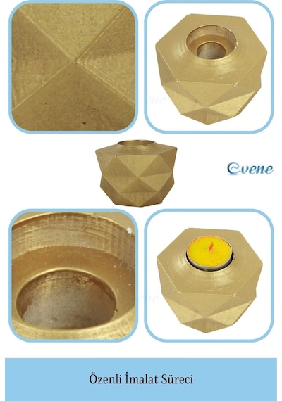 Mumluk Şamdan 3 Adet Tealight Ve İnce Mum Uyumlu Prizma Model - Altın