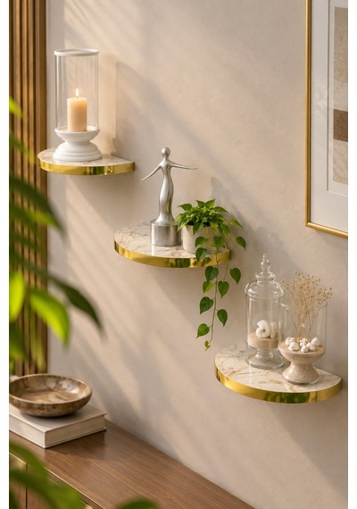 Sulorahome 3'lü Oval Duvar Rafı Seti Gold Kenarlı Efes Beyaz Mermer Desenli Altın - Beyaz
