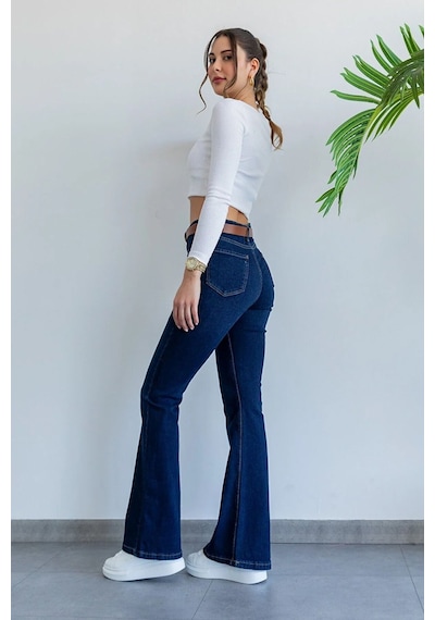 Woddi Pamela Ispanyol Lacivert Kot Yüksek Bel Likralı Ekstra Esnek Flare Jeans Kot Pantolon Laci Vert
