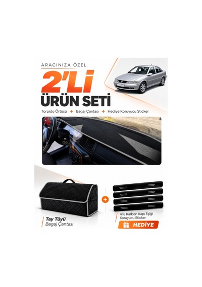 Opel Vectra B 1995-2001 Uyumlu Torpido Örtüsü + Tay Tüyü Bagaj Çantası + Sticker Seti - Siyah Gri
