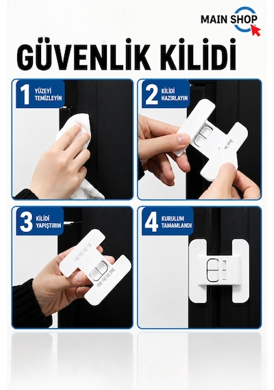 Mainshop 4 Adet Buzdolabı Güvenlik Kilidi - Buzdolabı Kapı Tokası - Kendinden Yapışkanlı M-360 Beyaz