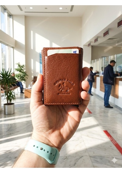 Newish Polo Mekanizmalı Rfid Özellikli Cüzdan Kredi Kartlık - Hakiki Deri Taba