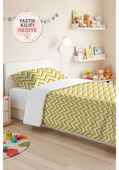 Sarı Zigzag Geometrik Genç Odası Tek Kişilik Pike Takımı - Lacivert 160x220 Cm Kapitone Yatak Örtüsü Kırmızı