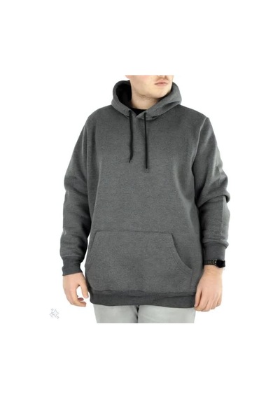 Erkek 3 İplik Pamuklu Kapüşonlu Cepli Oversize Hoodie Sweatshirt - Füme
