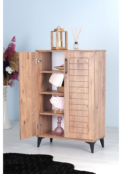 Luna 2 Kapaklı 4 Bölmeli Modern Ayakkabılık - Çam Desenli 70x10