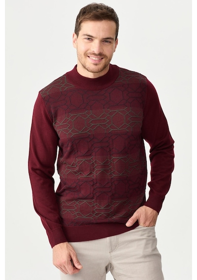Erkek Yarım Balıkçı Yaka Önü Desenli Kazak Bordo Bordo