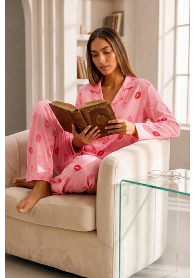 Fit Women Kadın Önden Düğmeli Uzun Kollu Pembe Pijama Takımı